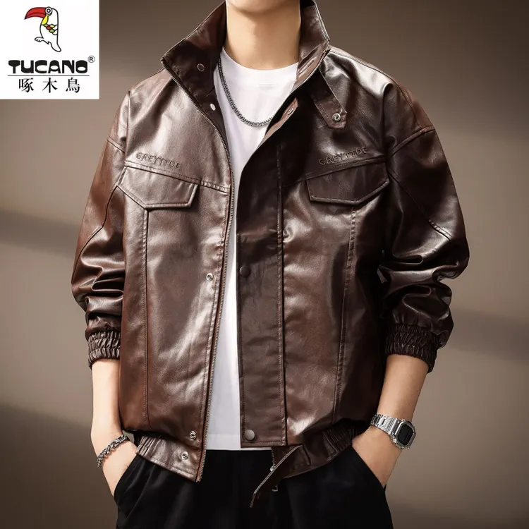 高端美式潮牌高街立领PU皮衣外套男秋季痞帅机车服宽松百搭上衣男