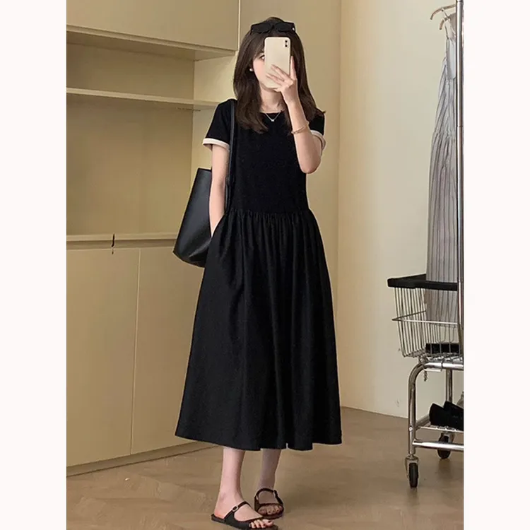 气质法式黑色短袖连衣裙女夏季2025新款高级感收腰a字裙子女夏天