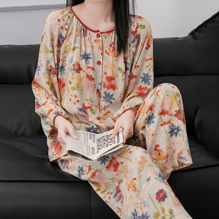 2025新款棉绸睡衣女春秋季中老年妈妈款绵绸家居服套装可外穿z