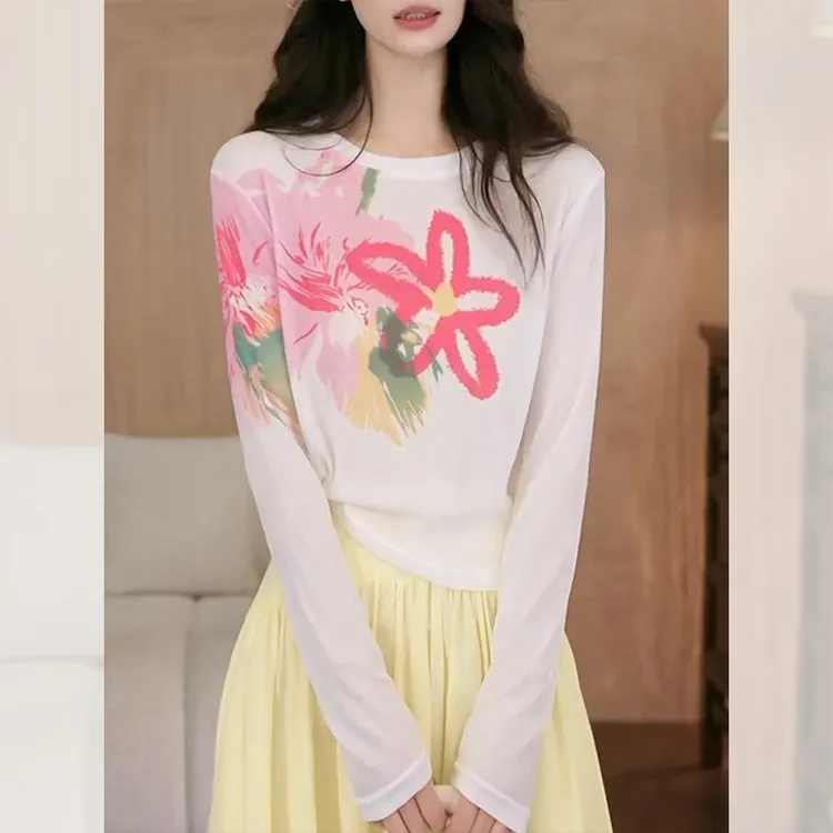 针织宽松型长袖仙女风时尚百搭印花休闲风T恤常规