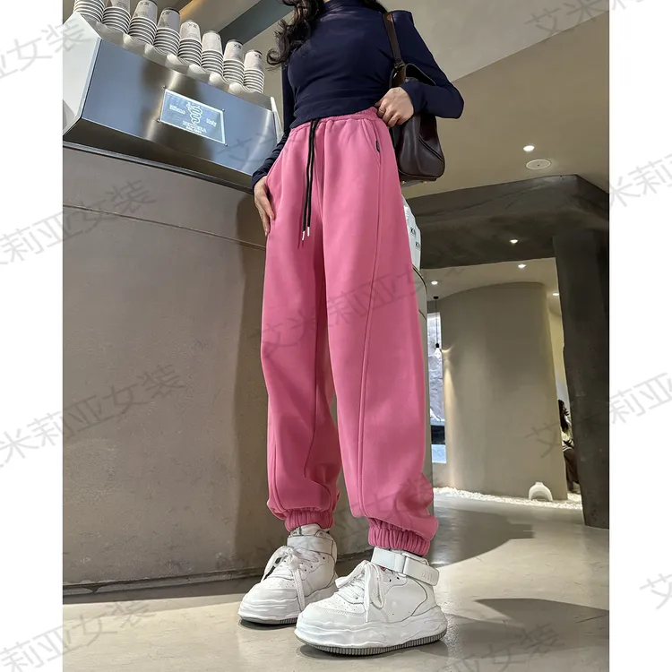 秋冬加绒加厚宽松显瘦小标束脚弯刀裤女百搭休闲裤高腰拼接卫裤