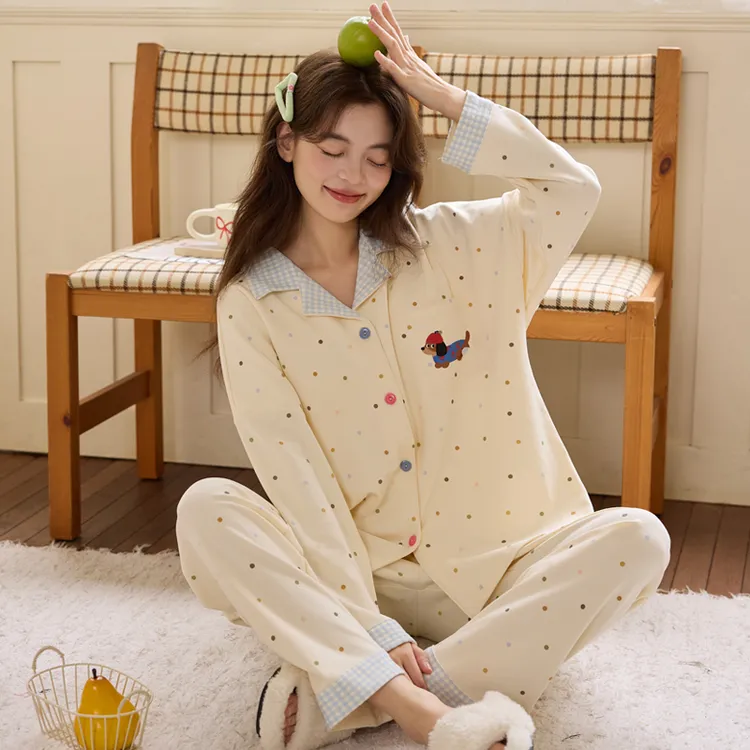 睡衣女长袖春秋款格子波点腊肠修勾可外穿网红大码学生家居服套装