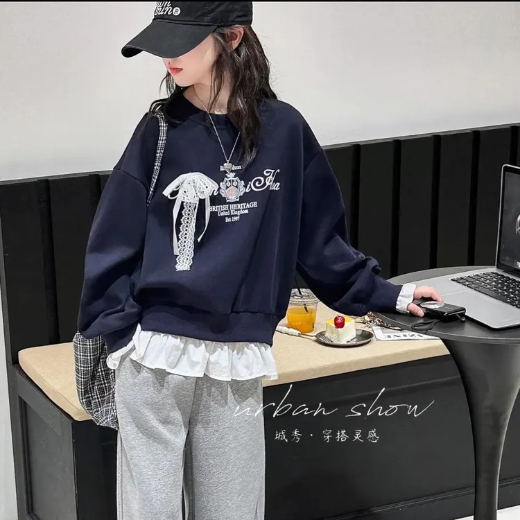 2025秋季新款两件套女蝴蝶结卫衣套装卫裤蕾丝花中大童初中女童装