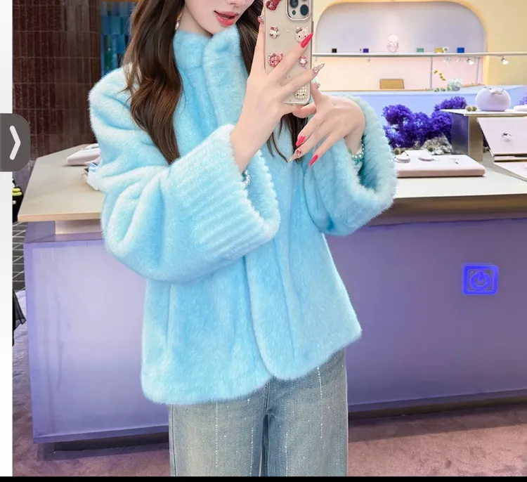 人造皮草 轻奢女装冬季加厚防风保暖仿貂绒环保网红毛外套