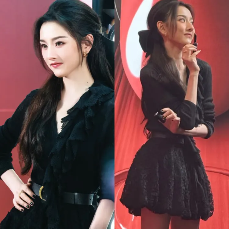 宋祖儿明星同款黑色V领长袖针织衫上衣女2025早秋显瘦半身裙套装