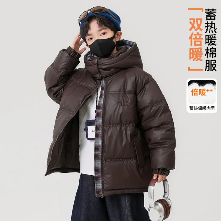 儿童装男童冬装小羊皮绣花皮衣棉服2026新款男孩加厚棉衣外套潮酷