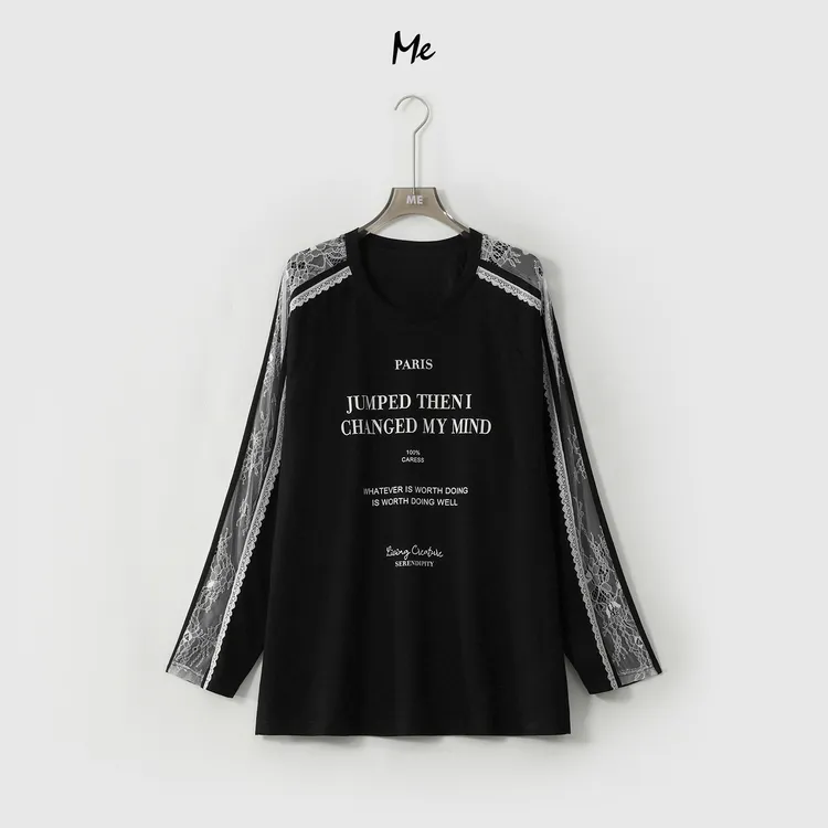 ME【巴黎辣妹】蕾丝拼接透气显瘦时尚百搭一手长T恤上衣MESS5790
