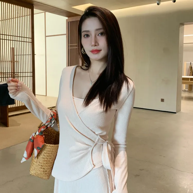 【外套】设计感小众绑带秋冬开衫薄款长袖修身罩衫上衣不规则