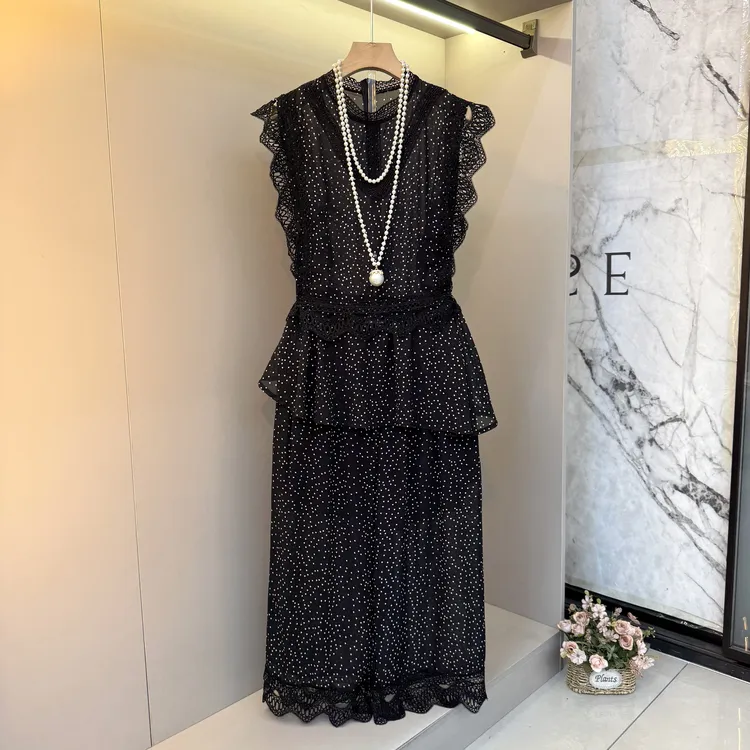 2025夏季新款女装时尚气质优雅蕾丝拼接花边上衣阔腿裤两件套9128