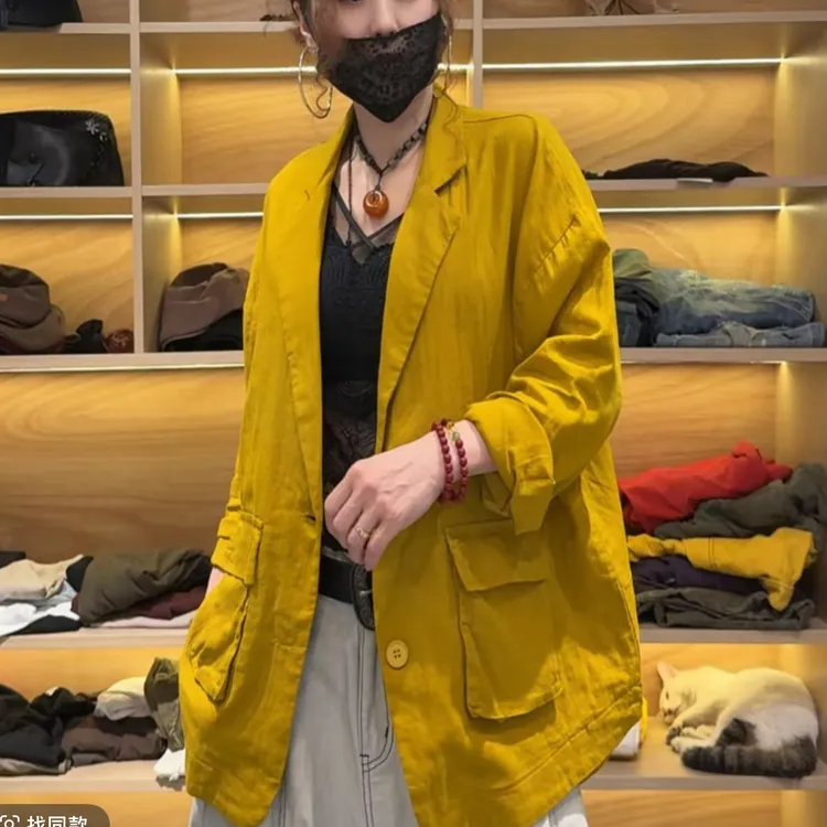 秋季时尚阔版百搭气质水洗双纱翻盖口袋西装外套宽松大码纯色大版