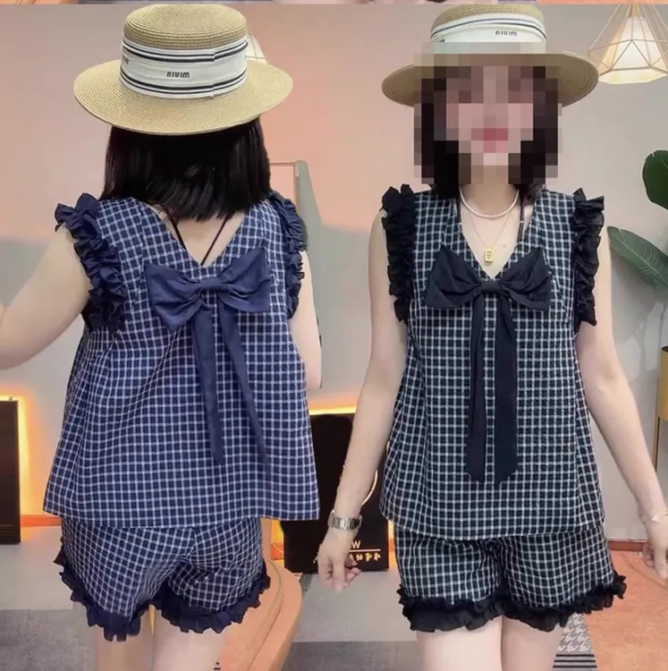 时尚洋气减龄格子套装女夏新款蝴蝶结无袖上衣阔腿短裤两件套