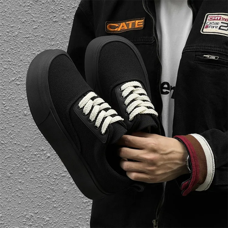 方头板鞋2025夏季新款黑色时尚帆布鞋男款厚底增高百搭运动休闲鞋