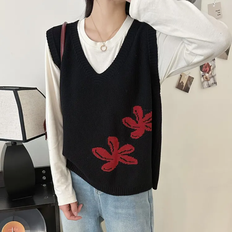 【正品现货】棉线V领针织复古提花马甲无袖女士时尚宽松套头百搭