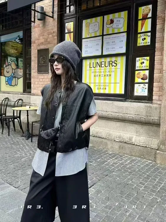 2025秋季新款时尚百搭法式拼接高级感PU假两件马甲6776