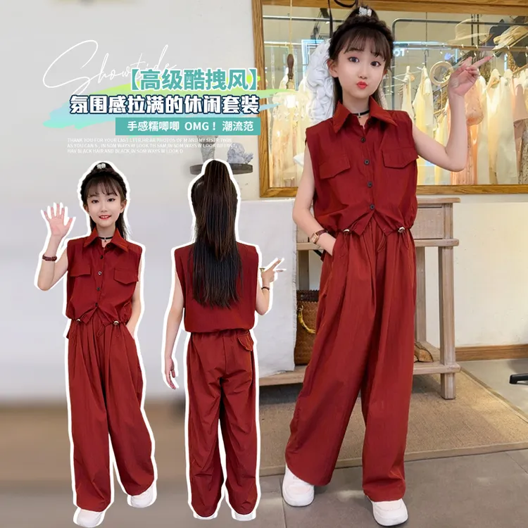 女童洋气无袖时尚长裤套中大童休闲红色潮流韩版潮流夏季两件套
