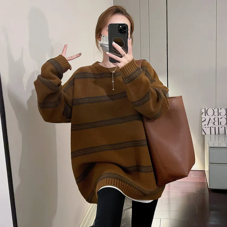 加厚款条纹针织衫女秋冬季新款慵懒风毛衣宽松百搭中长款套头上衣