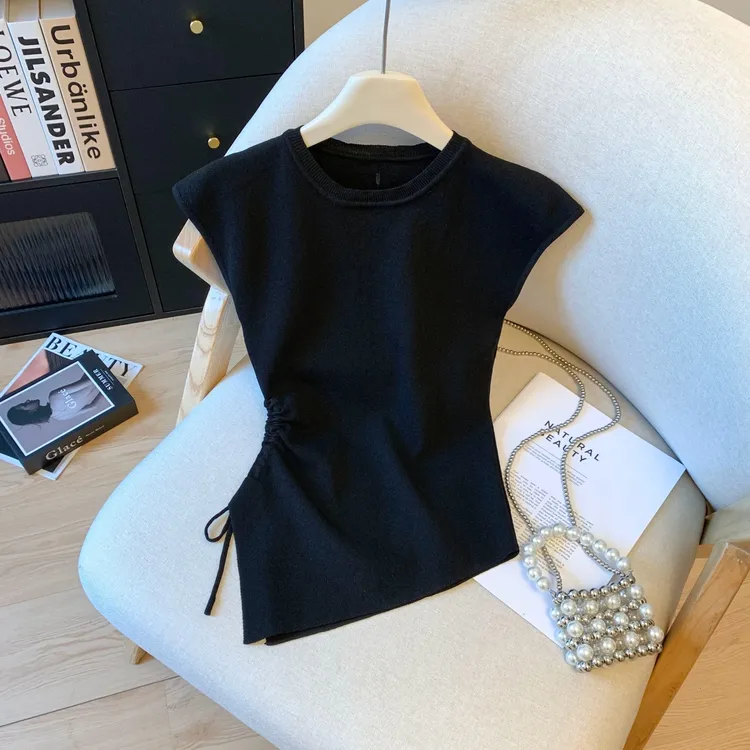 纯欲风甜辣妹后背镂空针织衫女夏新款无袖不规则抽褶收腰显瘦上衣