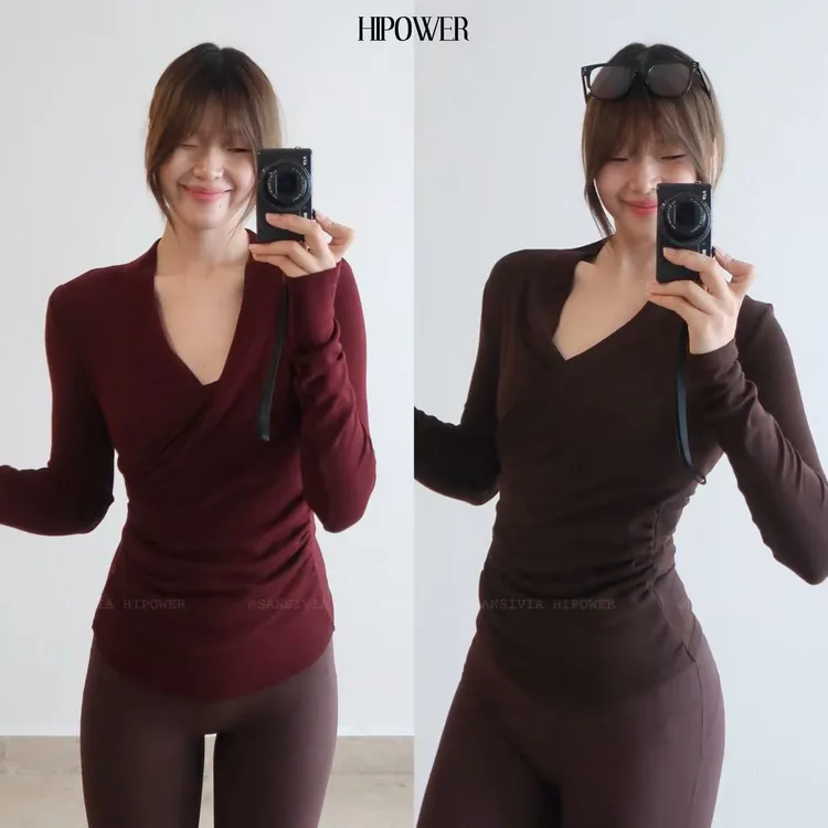 HIPOWER运动健身交叉V领长袖T恤早秋瑜伽棉弹力休闲上衣女显腰细