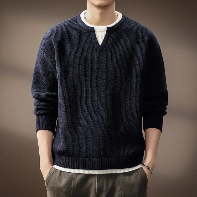 高端轻熟假两件老钱风毛衣男士秋冬潮牌老钱风加厚保暖内搭针织衫