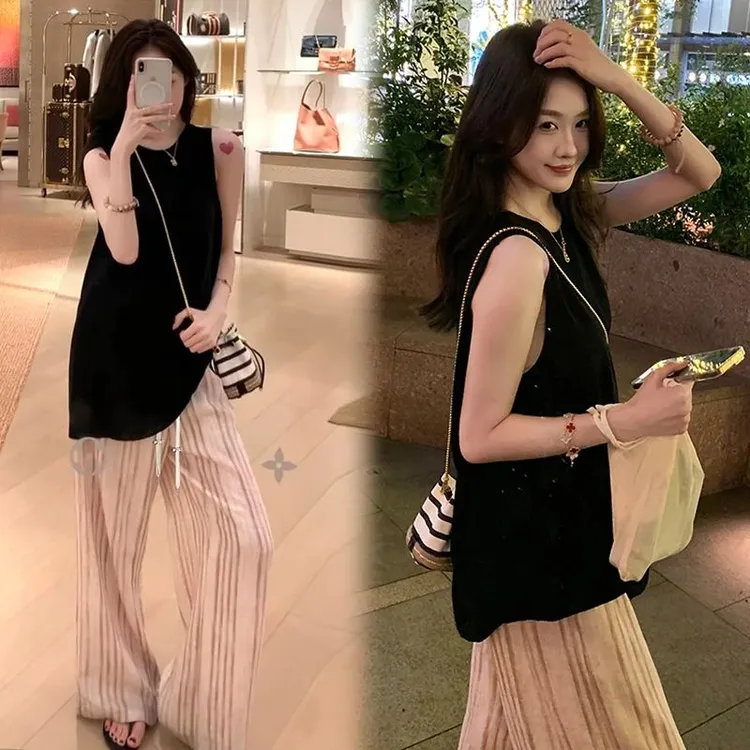 时髦孕妇装2025夏装洋气时尚极简风老钱风松紧条纹休闲裤孕妇套装