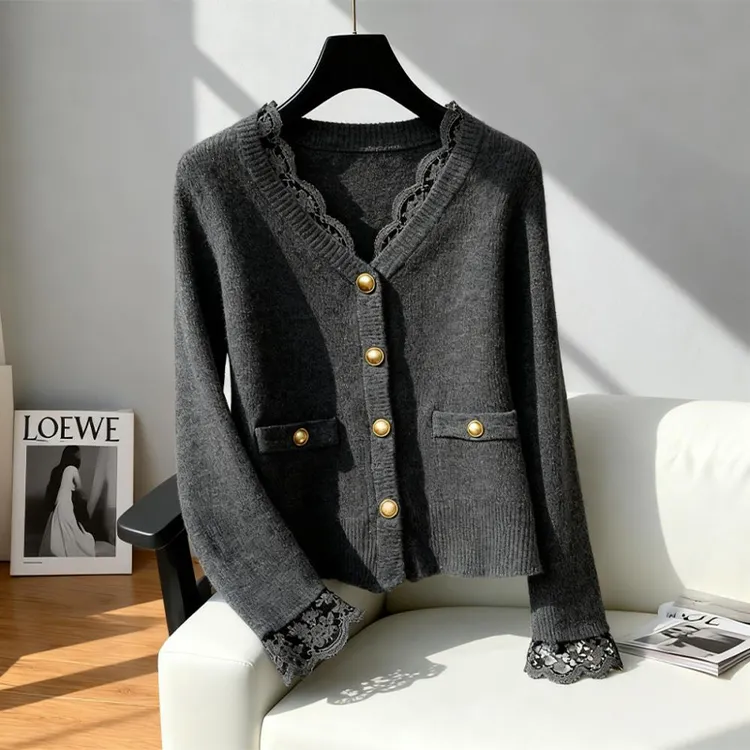 纯欲慵懒风女装灰色蕾丝花边针织衫早秋季新款高级感洋气长袖上衣