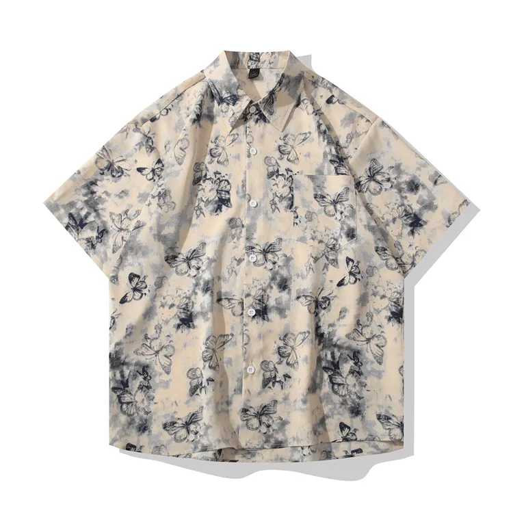 夏季蝴蝶冰丝短袖花衬衫男士港风复古宽松衬衣潮流痞帅高级感男装