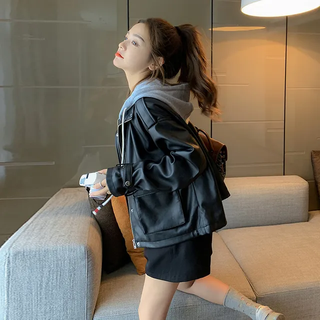 港风假两件黑色皮衣外套女春秋2025年新款宽松短款pu皮机车服夹克