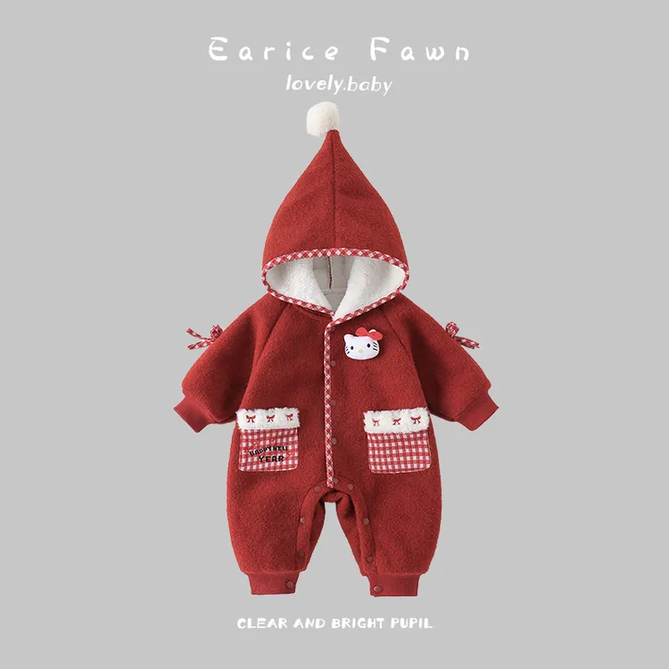 YM婴儿冬装加厚夹棉棉衣满月百天超洋气冬季连体衣宝宝连帽外出棉