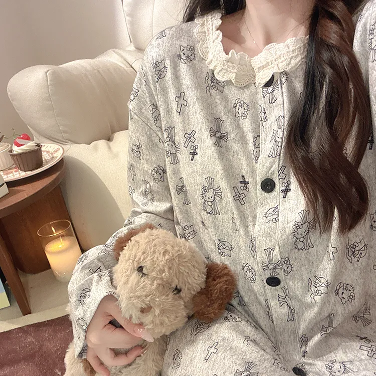 灰调小恶魔睡衣女生秋冬季长袖长裤韩版甜美学生德绒家居服两件套