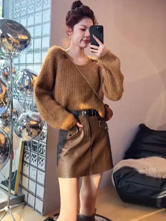 秋季穿搭一整套女2025新款慵懒风宽松针织衫A字显瘦半身裙两件套