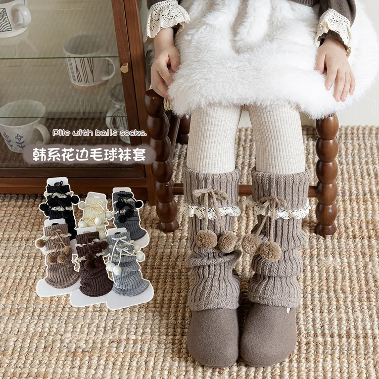 女童袜套秋冬新款加厚针织花边毛球堆堆小腿套儿童韩版冬款中筒袜