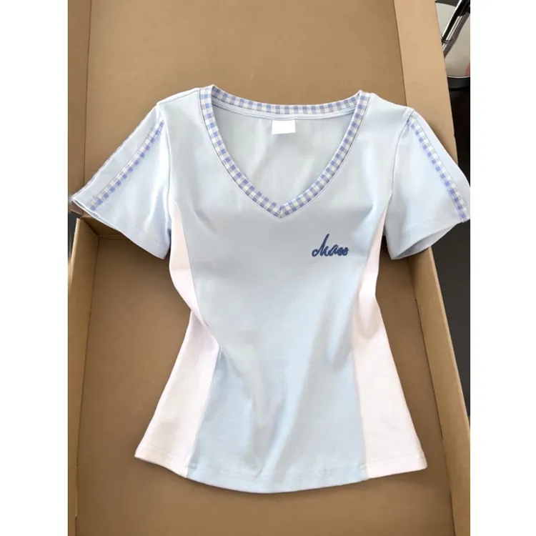 显瘦满分呐！夏日新款小众蓝白撞色V领短袖T恤修身显瘦短款ins上衣