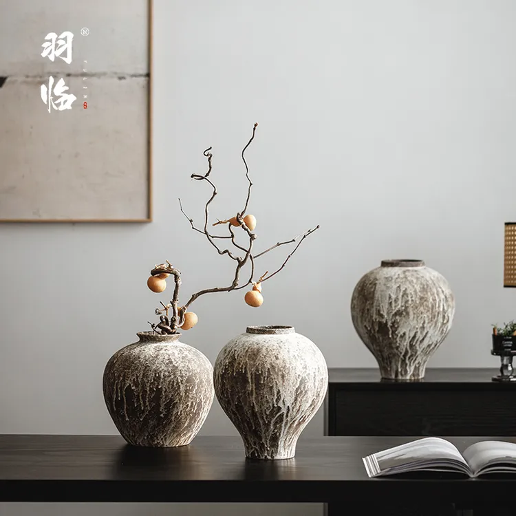 景德镇陶瓷花瓶摆件大肚径新中式复古干插花器大肚罐客厅台面陶罐