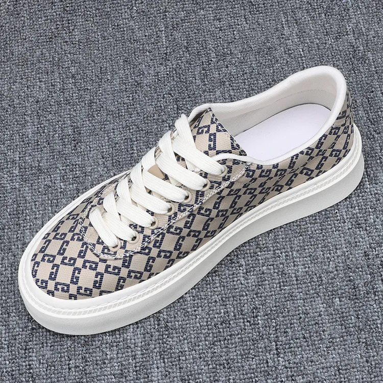 春季休闲鞋男2025新款潮流印花帆布鞋潮牌系带男士透气厚底板鞋潮