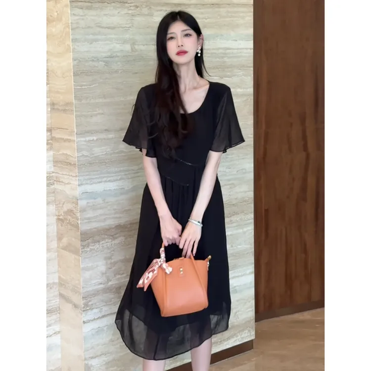 5123#时尚短袖连衣裙女夏季妈妈遮肚子宽松胖mm加大码气质A字裙子