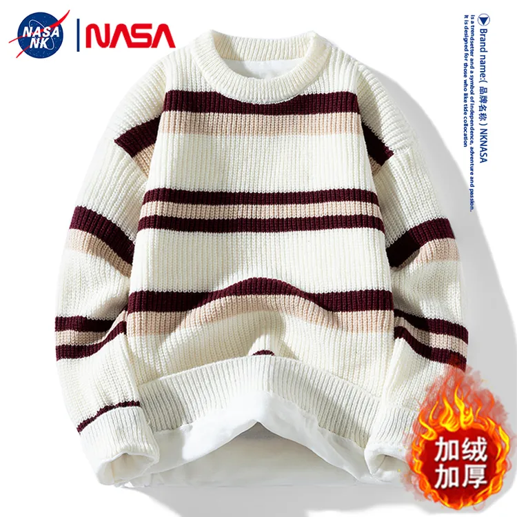 NASA联名条纹针织毛衣男女同款秋冬季美式保暖加绒加厚学生打底衫