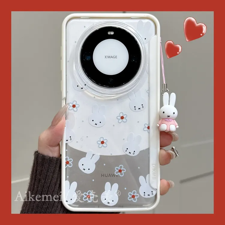 适用华为mate70pro+手机壳韩系波点线条Mate60pro+花朵米菲兔挂件