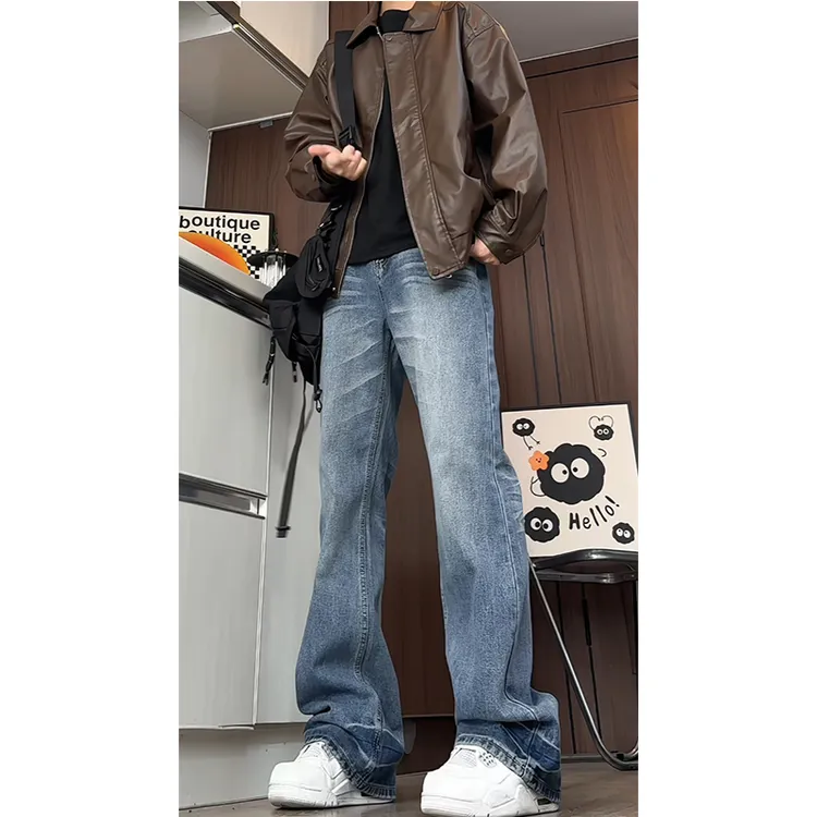 美式高街水洗蓝闪电纹牛仔裤男款vibe复古街头潮流裤子微喇直筒裤