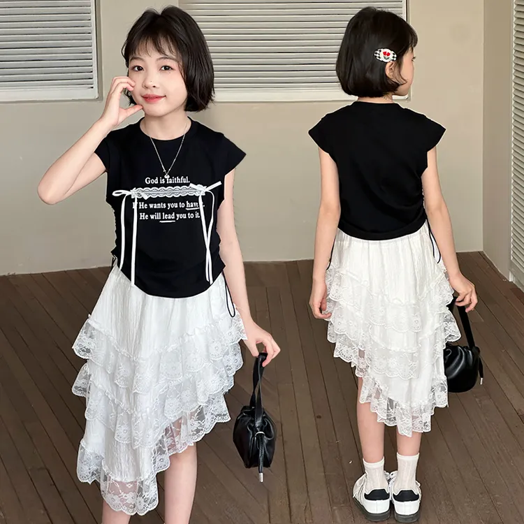 女童夏季短袖短裙2025新款6-12岁中大童女孩网纱蝴蝶结纱裙两件套