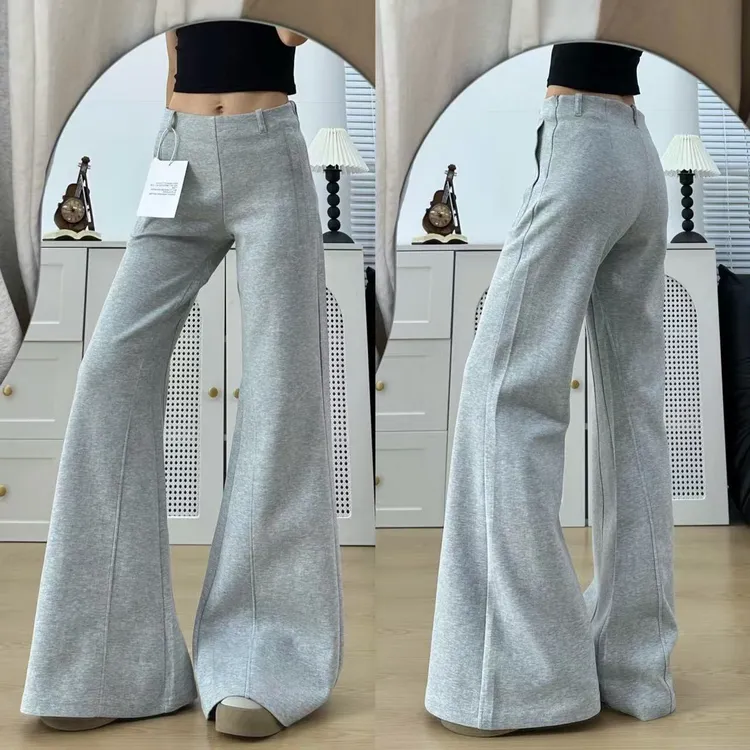 灰色喇叭运动裤女秋季2025新款宽松垂感阔腿卫裤西装腰休闲微喇裤