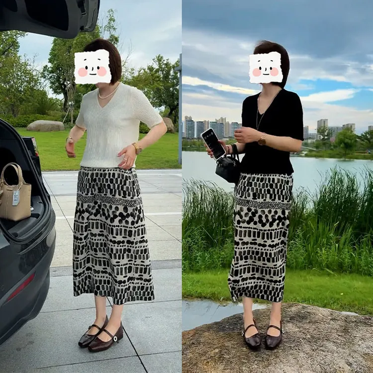 夏季新款一整套女韩系高级感V领短袖上衣高腰半身裙轻熟风套装