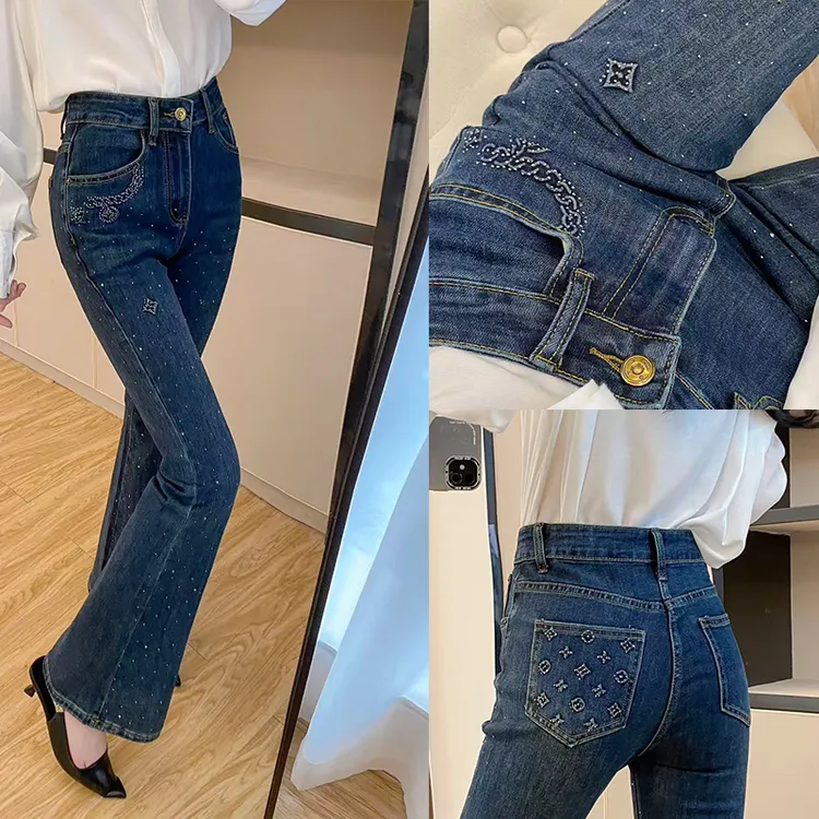 欧货修身牛仔裤女潮2025年新款秋装高腰显瘦百搭ins烫钻微喇长裤