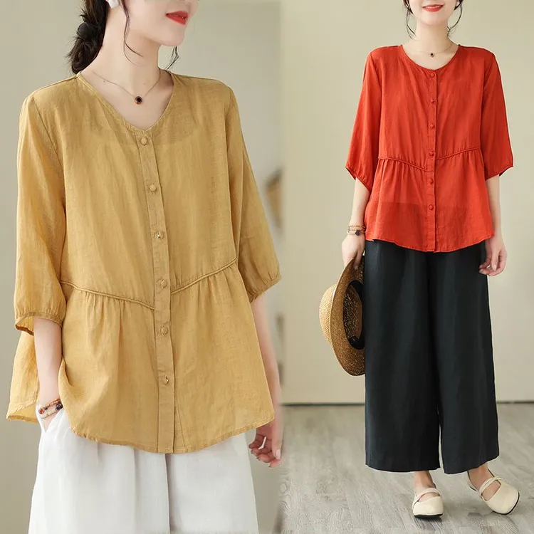 大码女胖mm夏季2025新款五分袖纯色衬衫宽松显瘦遮肚子娃娃衫上衣