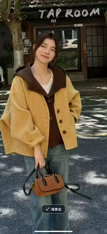 保暖圆领秋季连帽中长款毛呢外套女装撞色短款时尚