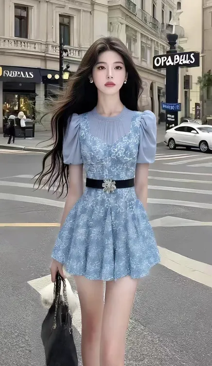 氛围感温柔知性风蓝色圆领短袖收腰设计感连衣裙时尚气质显瘦女装