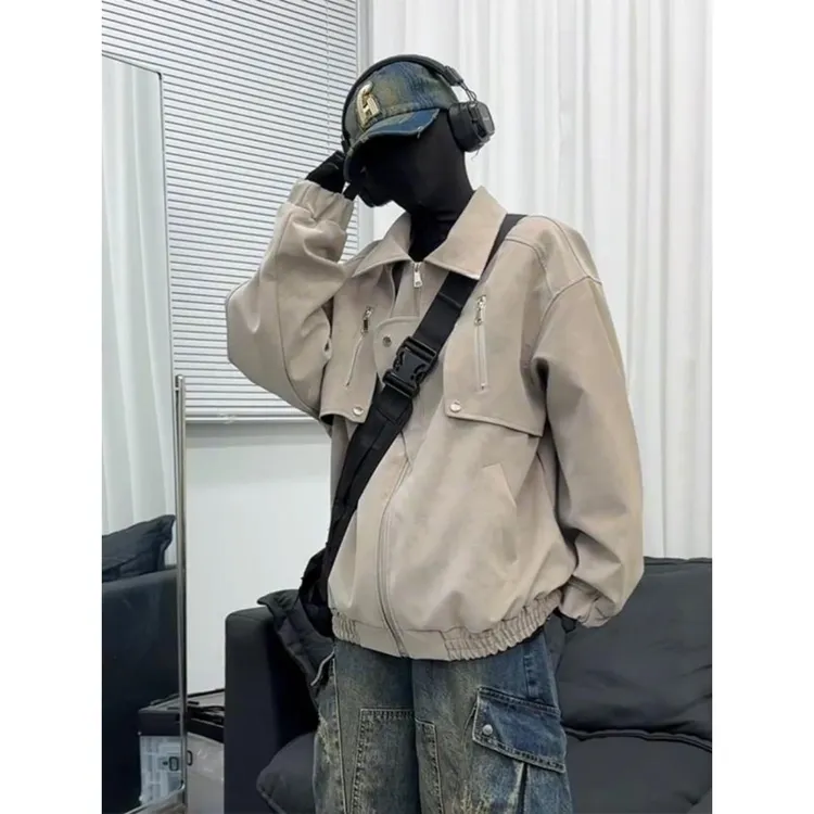 美国覆古短Pu皮夹克男子高街英俊翻领棒球制服设计拉炼飞行夹克