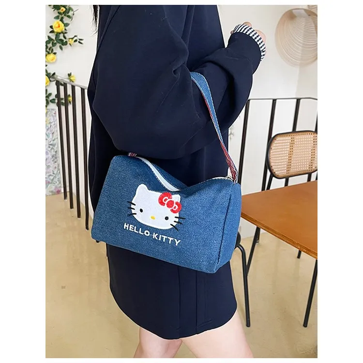 kitty刺绣美式蓝色牛仔手提手提包无性别风新款