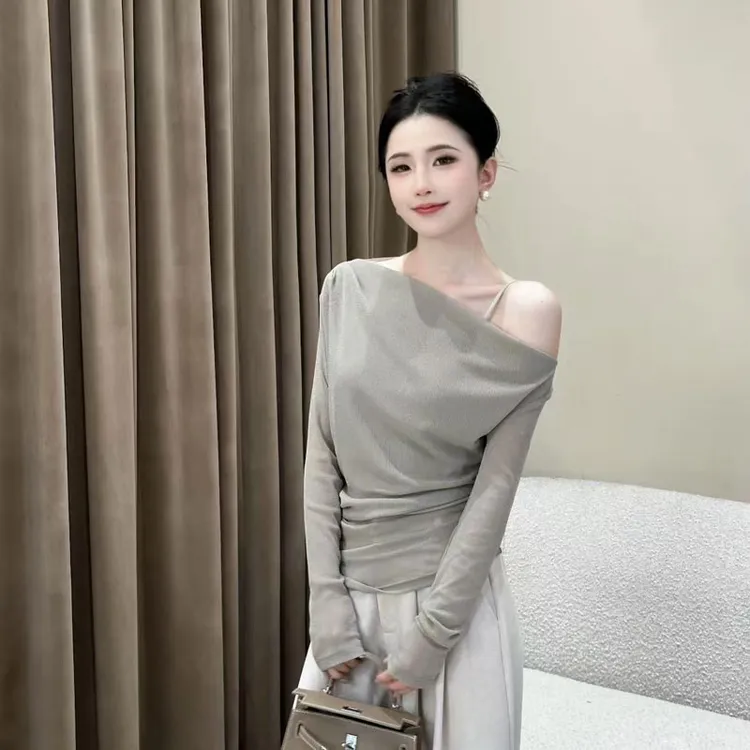 【欲感拿捏】褶皱一字肩纯欲修身长袖T袖女早秋气质百搭上衣8478