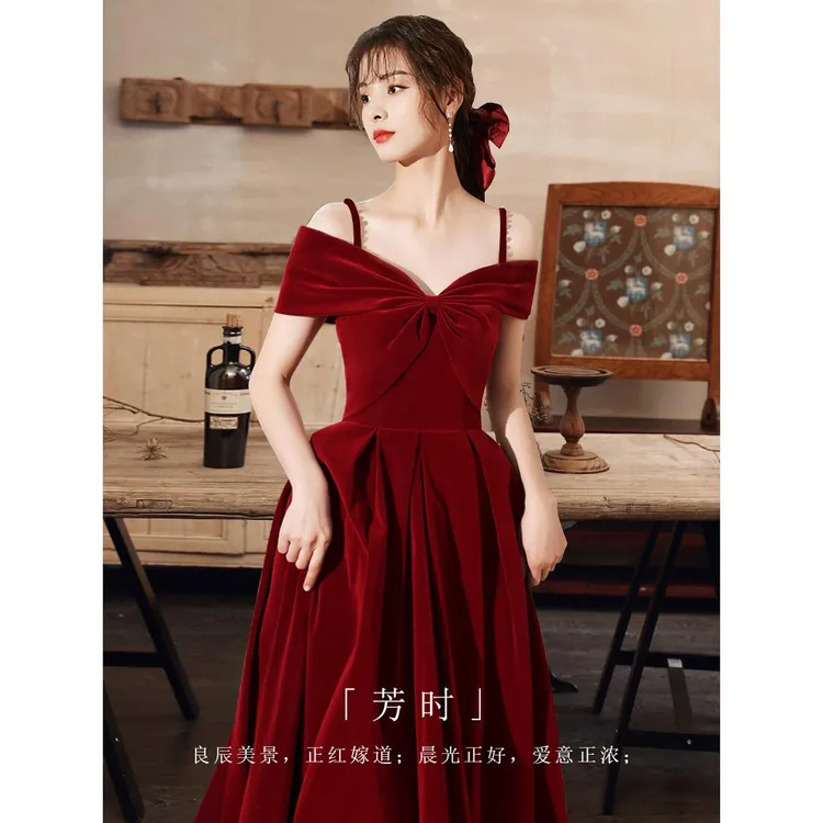 敬酒服新娘气质吊带一字肩丝绒礼服小个子结婚订婚回门宴连衣裙女