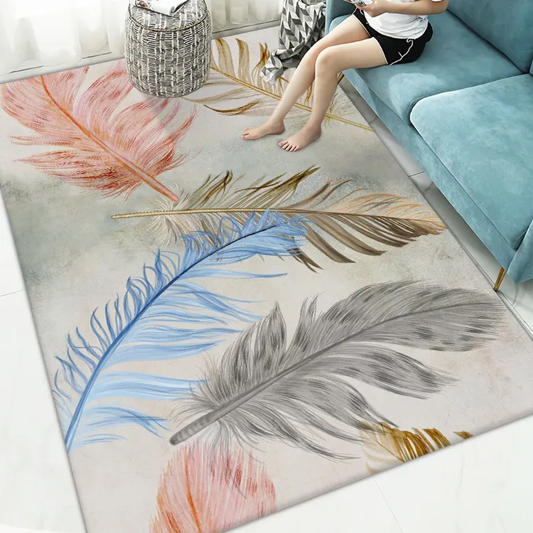 复古印花地毯客厅茶几垫抽象羽毛满铺地垫3D家用房间床边毯